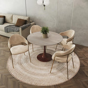 Bristol Round Dining Table With MDF Wood/Sintered Stone Tabletop with Walnut Finish Pedestal Base 35 in. Wide Wood Natural Wood Dining Table LeisureMod