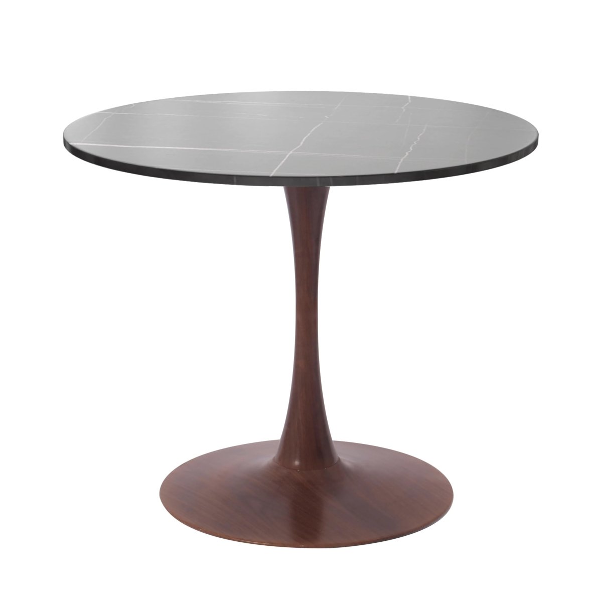 Bristol Round Dining Table With MDF Wood/Sintered Stone Tabletop with Walnut Finish Pedestal Base Stone Marble Grey Dining Table LeisureMod
