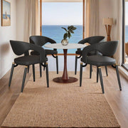 Bristol Round Dining Table With MDF Wood/Sintered Stone Tabletop with Walnut Finish Pedestal Base Wood White Dining Table LeisureMod