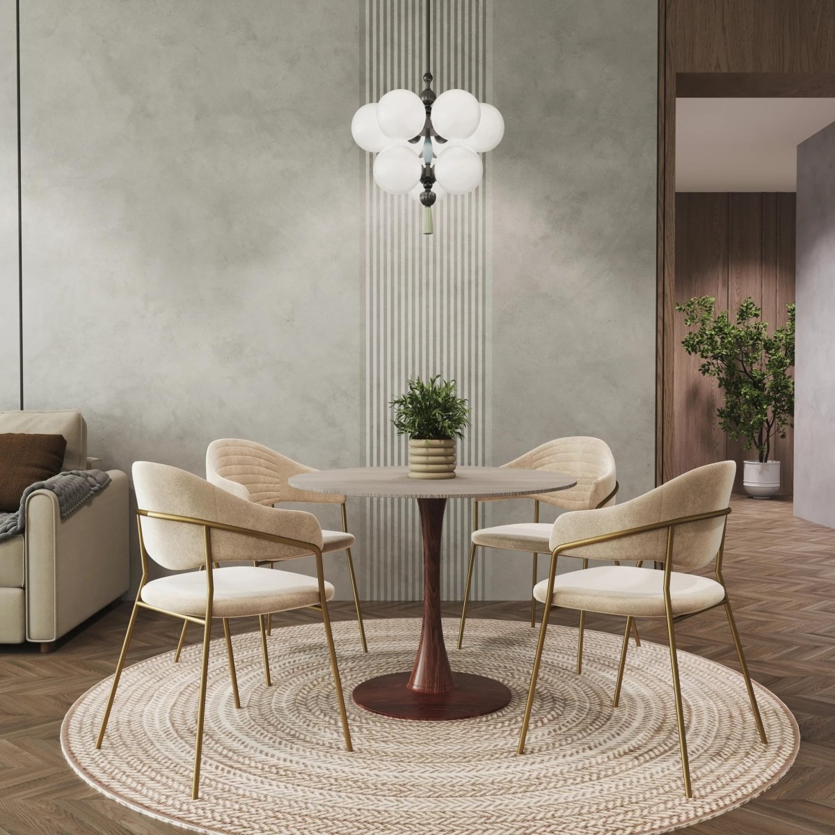 Bristol Round Dining Table With MDF Wood/Sintered Stone Tabletop with Walnut Finish Pedestal Base Stone Natural Wood Dining Table LeisureMod