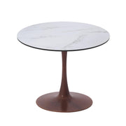 Bristol Round Dining Table With MDF Wood/Sintered Stone Tabletop with Walnut Finish Pedestal Base Wood Marbled White Dining Table LeisureMod