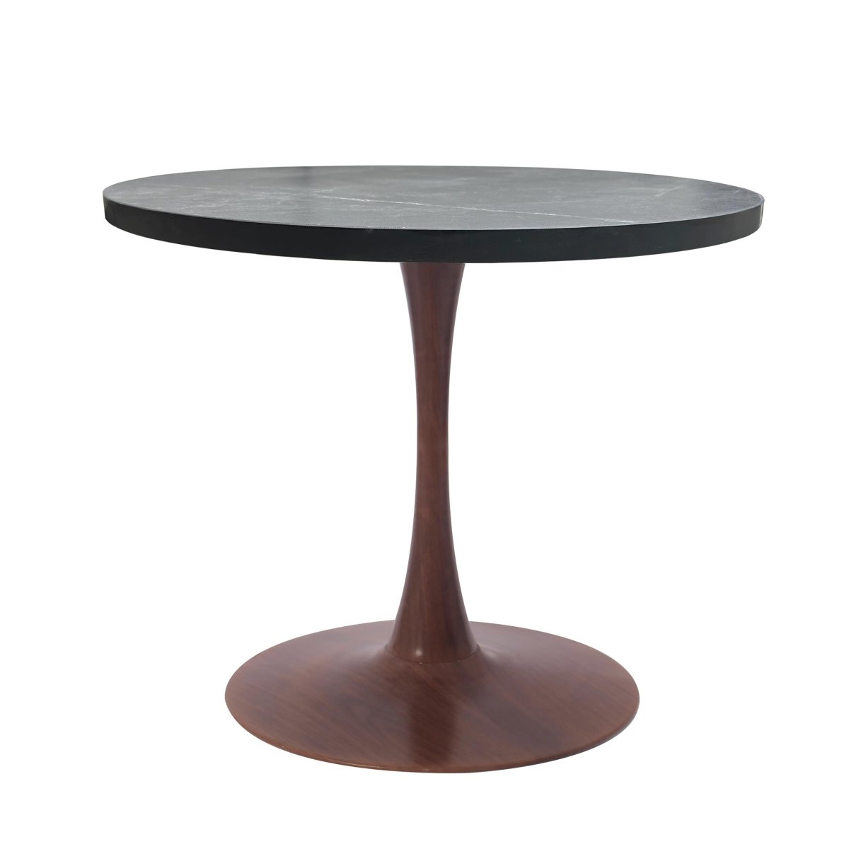 Bristol Round Dining Table With MDF Wood/Sintered Stone Tabletop with Walnut Finish Pedestal Base 27 in. Wide Wood Marbleized Black Dining Table LeisureMod