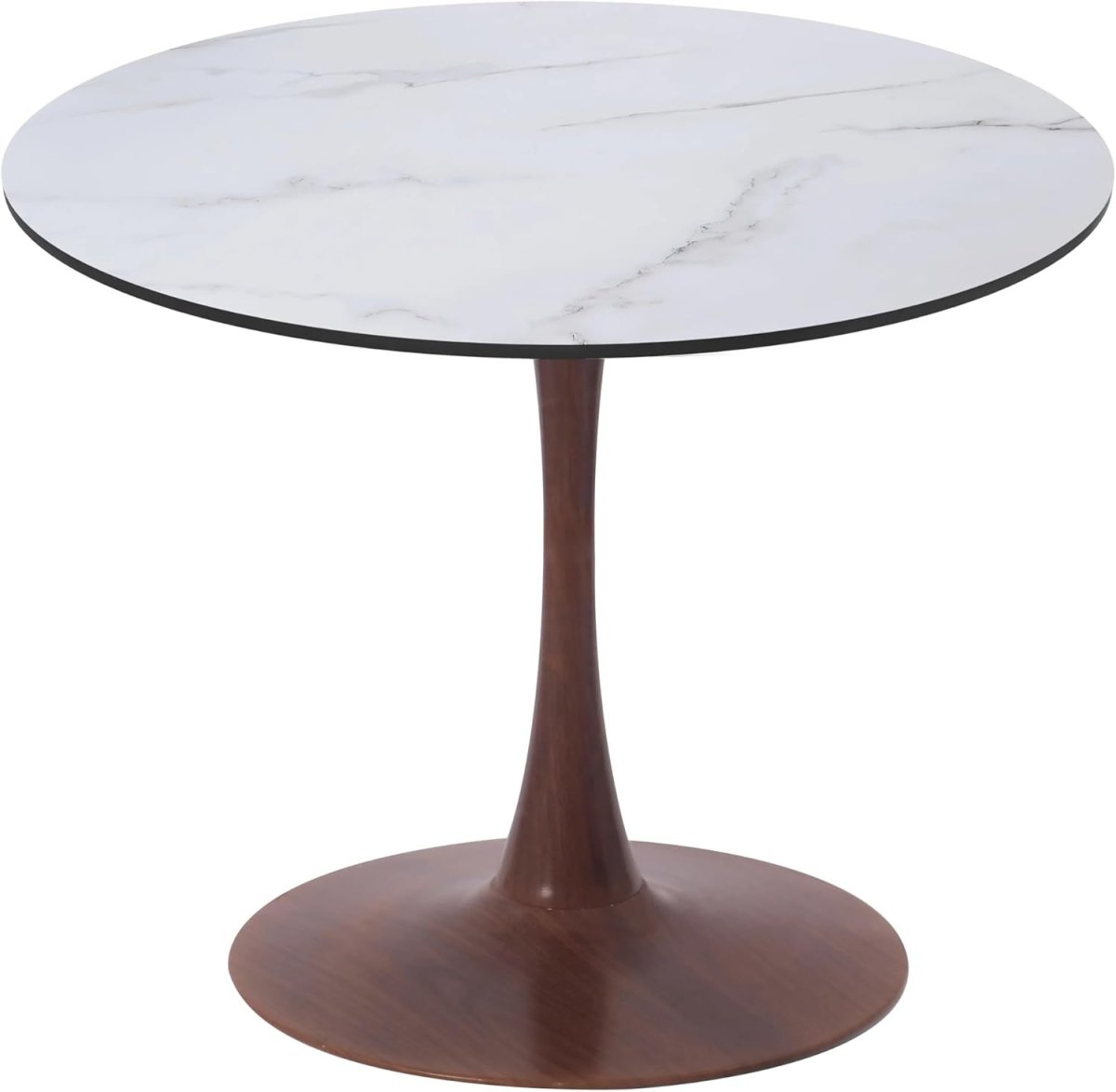 Bristol Round Dining Table With MDF Wood/Sintered Stone Tabletop with Walnut Finish Pedestal Base Stone Marble Grey Dining Table LeisureMod