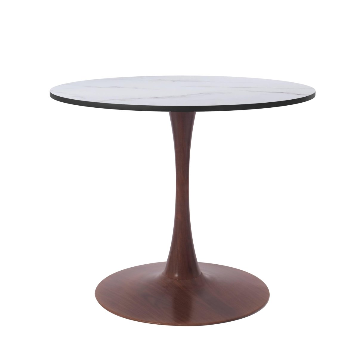 Bristol Round Dining Table With MDF Wood/Sintered Stone Tabletop with Walnut Finish Pedestal Base Wood Marbled White Dining Table LeisureMod