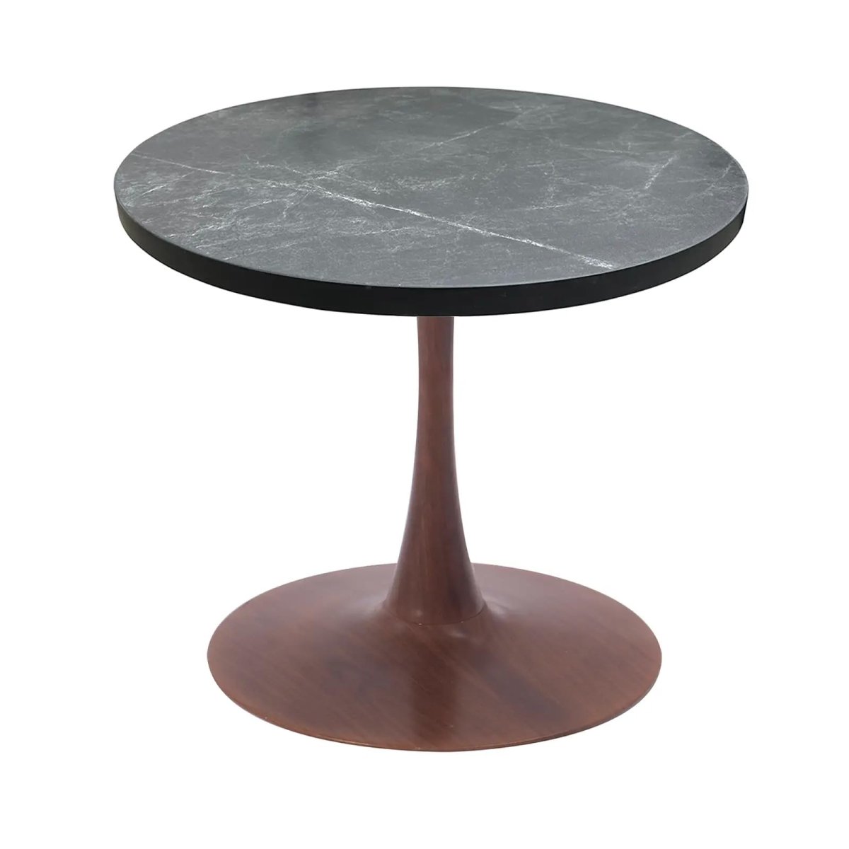 Bristol Round Dining Table With MDF Wood/Sintered Stone Tabletop with Walnut Finish Pedestal Base 36 in. Wide Wood Marbleized Black Dining Table LeisureMod