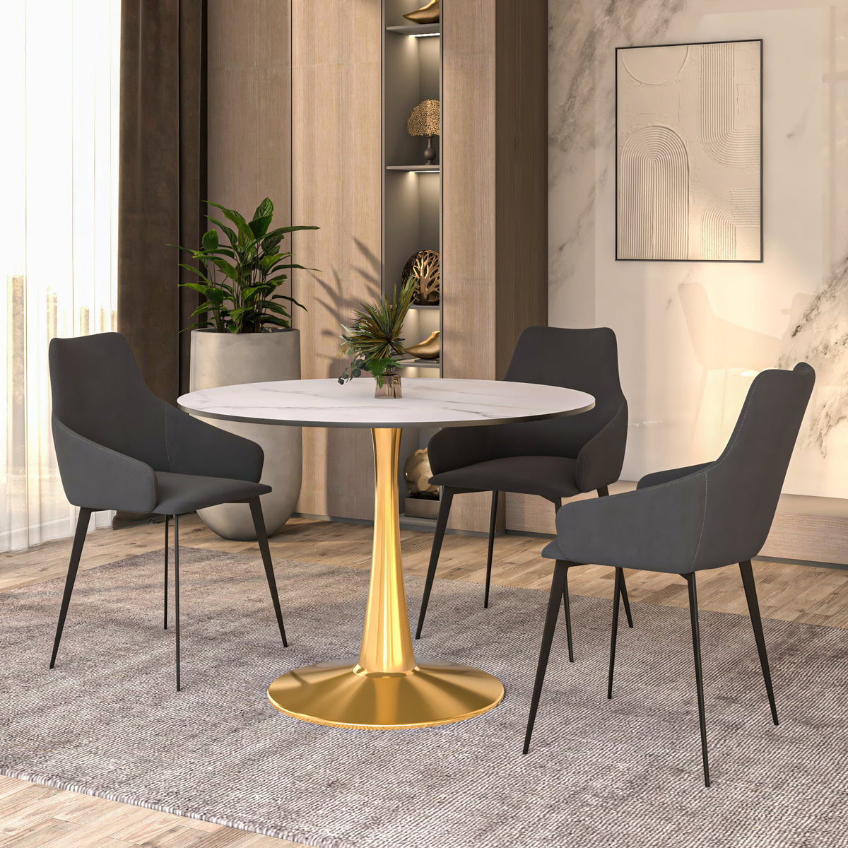 Bristol Round Dining Table with MDF/Sintered Stone/Glass Tabletop in Gold Steel MDF 40 Inches Marbled White Dining Table Leisuremod