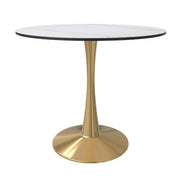 Bristol Round Dining Table with MDF/Sintered Stone/Glass Tabletop in Gold Steel Sintered Stone 35 Inches White Dining Table Leisuremod