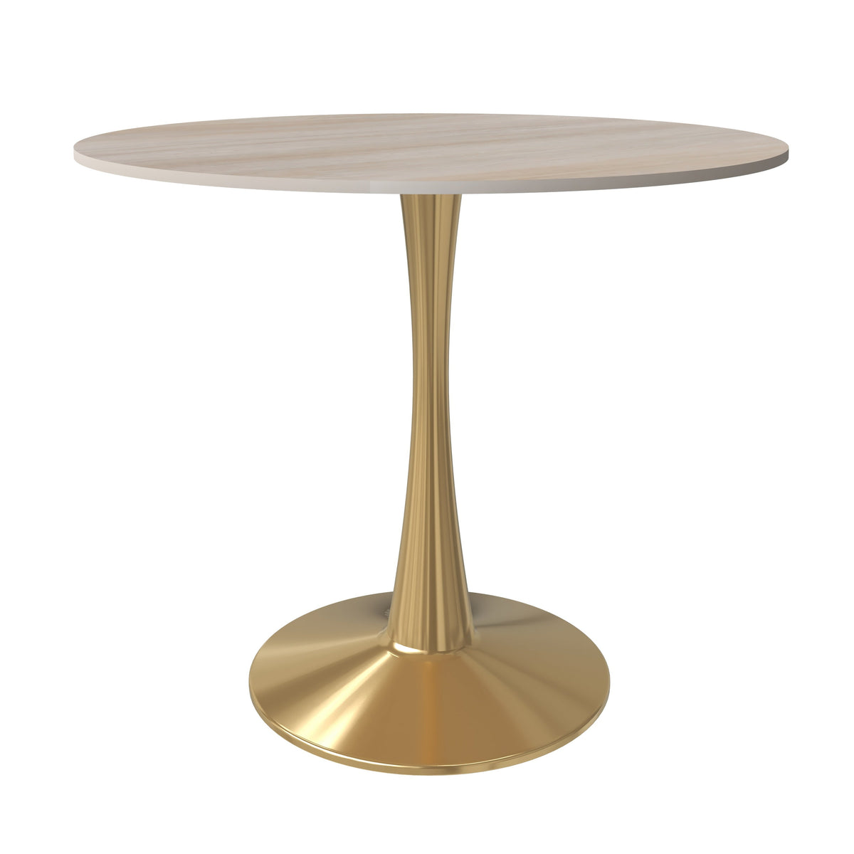Bristol Round Dining Table with MDF/Sintered Stone/Glass Tabletop in Gold Steel MDF 35 Inches Natural Wood Dining Table Leisuremod
