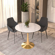 Bristol Round Dining Table with MDF/Sintered Stone/Glass Tabletop in Gold Steel Sintered Stone 35 Inches White Dining Table Leisuremod
