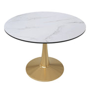 Bristol Round Dining Table with MDF/Sintered Stone/Glass Tabletop in Gold Steel MDF 40 Inches Marbled White Dining Table Leisuremod