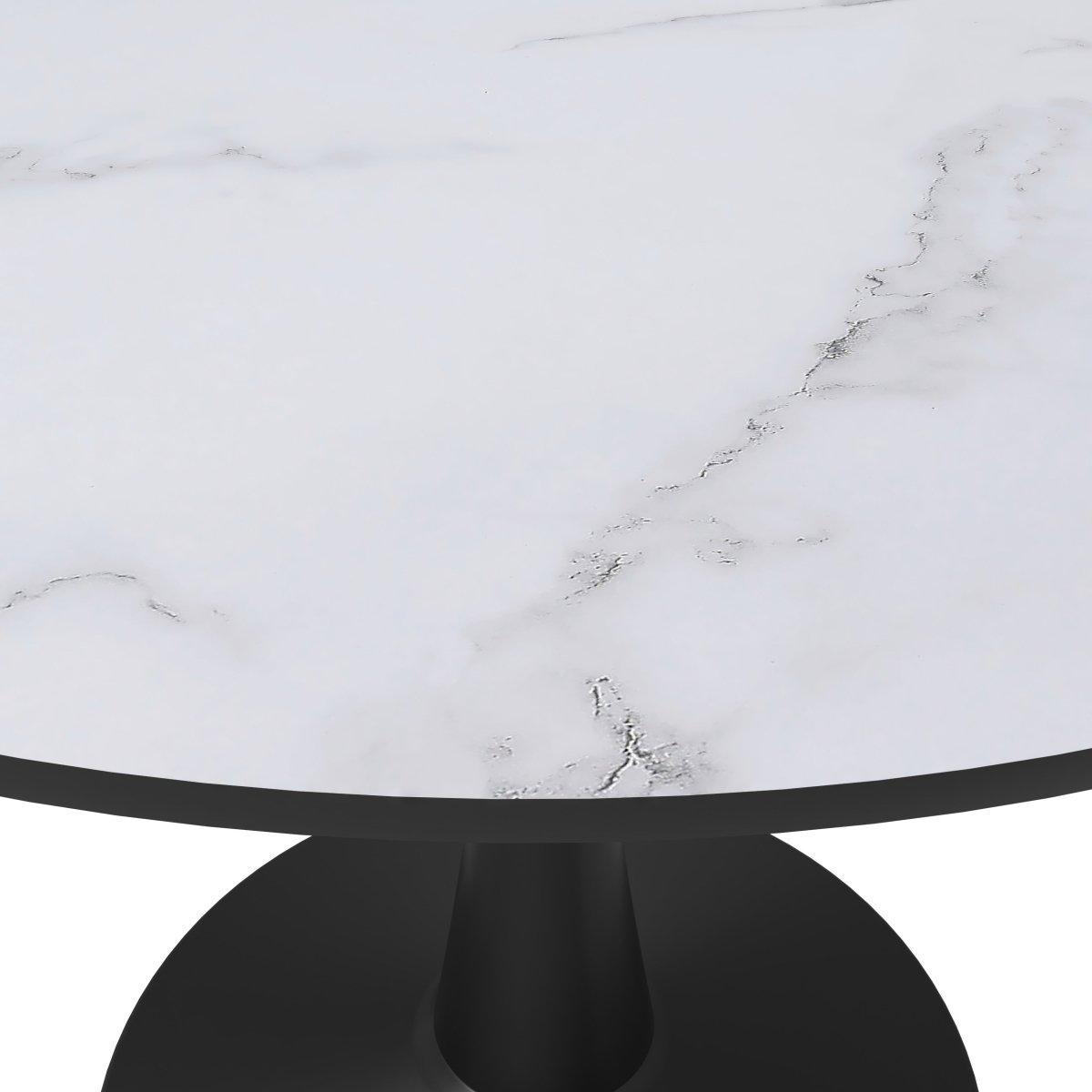 Bristol Round Dining Table with MDF/Sintered Stone/Glass Tabletop in Black Steel Base MDF 40 Inches Marbled White Dining Table Leisuremod