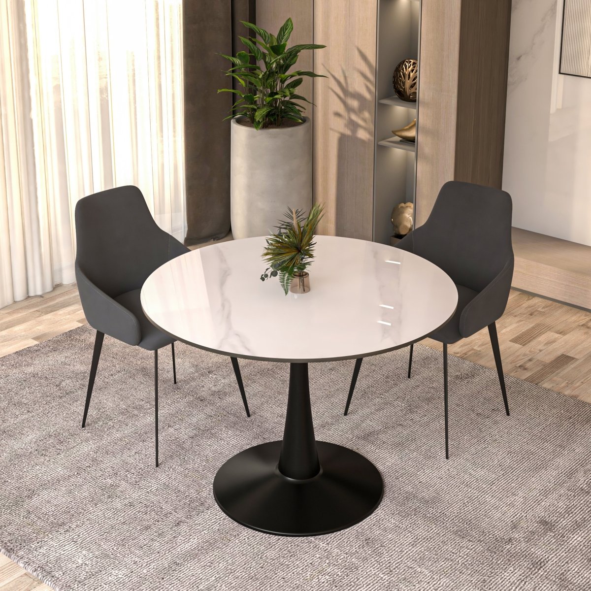 Bristol Round Dining Table with MDF/Sintered Stone/Glass Tabletop in Black Steel Base Sintered Stone 40 Inches White Dining Table Leisuremod