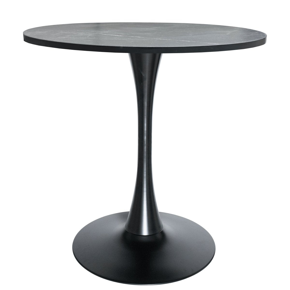 Bristol Round Dining Table with MDF/Sintered Stone/Glass Tabletop in Black Steel Base MDF 27 Inches Marbled Black Dining Table Leisuremod