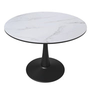 Bristol Round Dining Table with MDF/Sintered Stone/Glass Tabletop in Black Steel Base MDF 40 Inches Marbled White Dining Table Leisuremod