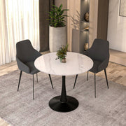 Bristol Round Dining Table with MDF/Sintered Stone/Glass Tabletop in Black Steel Base Sintered Stone 35 Inches White Dining Table Leisuremod