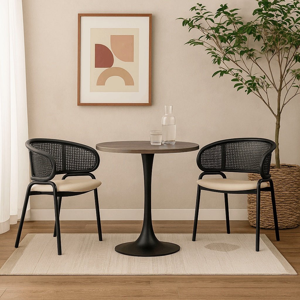 Bristol Round Dining Table with MDF/Sintered Stone/Glass Tabletop in Black Steel Base MDF 36 Inches Dark Walnut Dining Table Leisuremod