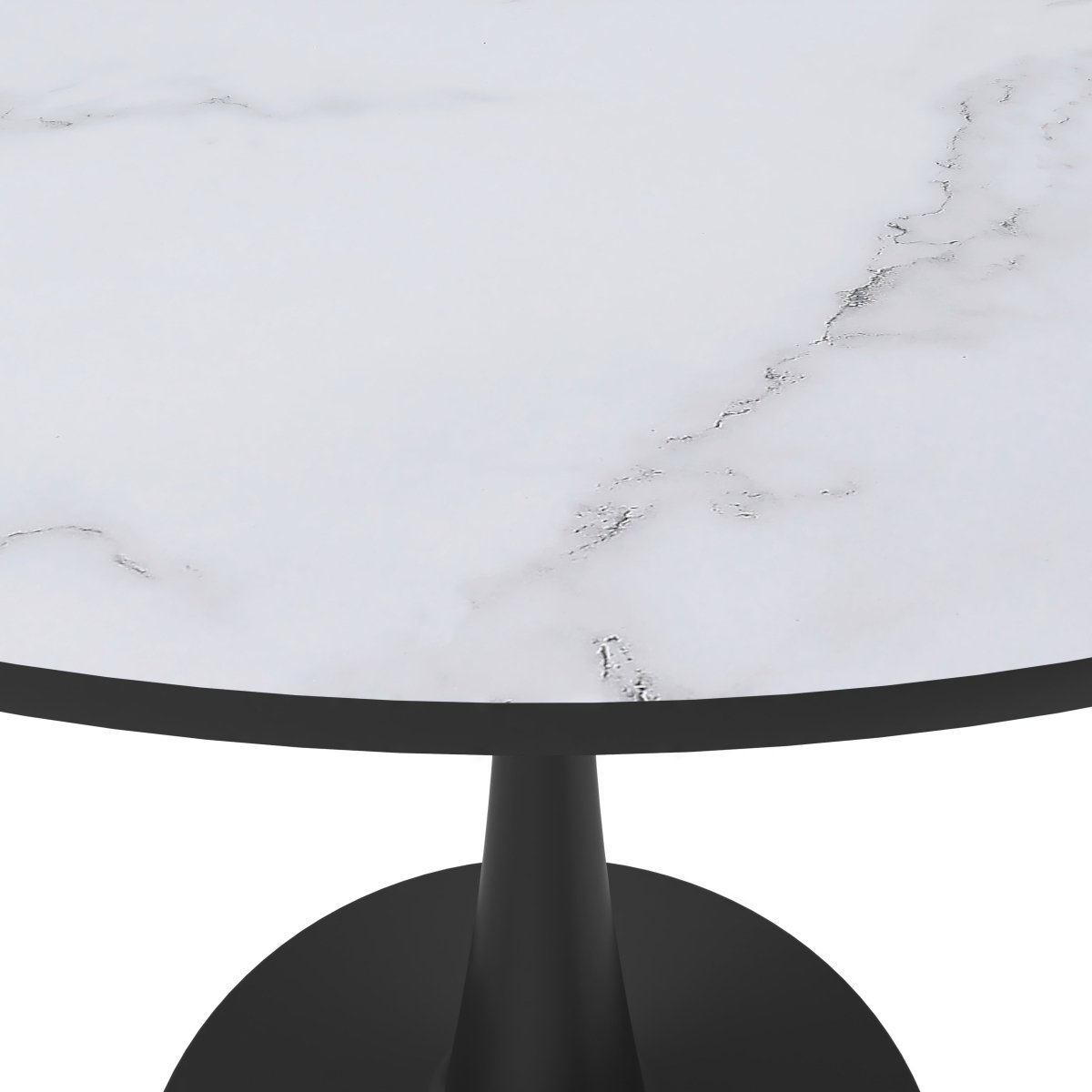 Bristol Round Dining Table with MDF/Sintered Stone/Glass Tabletop in Black Steel Base MDF 35 Inches Marbled White Dining Table Leisuremod