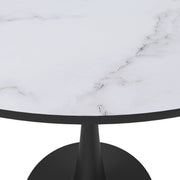 Bristol Round Dining Table with MDF/Sintered Stone/Glass Tabletop in Black Steel Base MDF 35 Inches Marbled White Dining Table Leisuremod