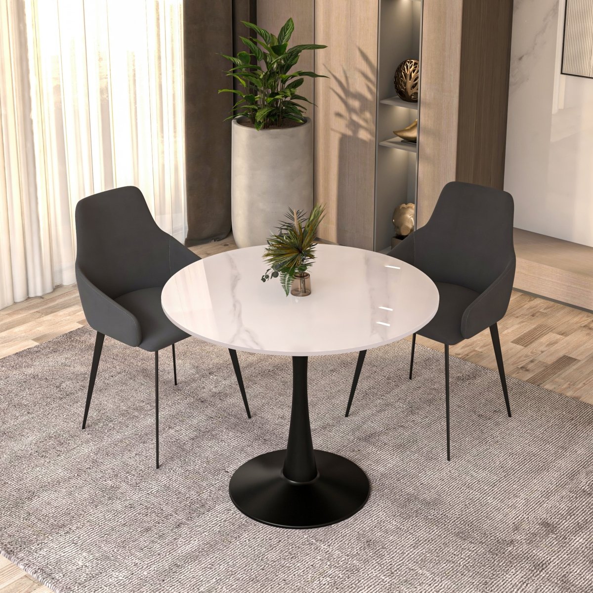Bristol Round Dining Table with MDF/Sintered Stone/Glass Tabletop in Black Steel Base Sintered Stone 31 Inches White Dining Table Leisuremod