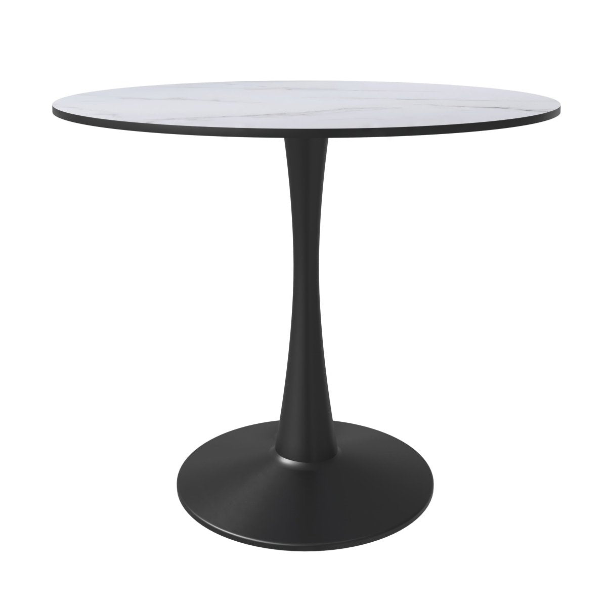 Bristol Round Dining Table with MDF/Sintered Stone/Glass Tabletop in Black Steel Base MDF 35 Inches Marbled White Dining Table Leisuremod