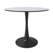 Bristol Round Dining Table with MDF/Sintered Stone/Glass Tabletop in Black Steel Base MDF 35 Inches Marbled White Dining Table Leisuremod