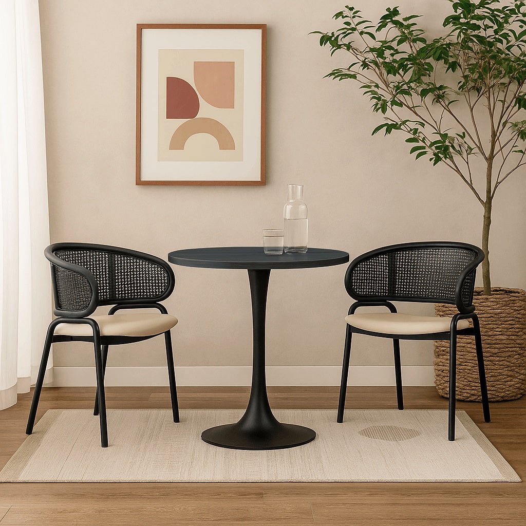 Bristol Round Dining Table with MDF/Sintered Stone/Glass Tabletop in Black Steel Base MDF 36 Inches Black Dining Table Leisuremod