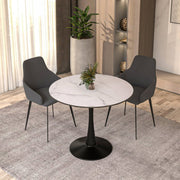 Bristol Round Dining Table with MDF/Sintered Stone/Glass Tabletop in Black Steel Base MDF 35 Inches Marbled White Dining Table Leisuremod