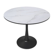 Bristol Round Dining Table with MDF/Sintered Stone/Glass Tabletop in Black Steel Base MDF 31 Inches Marbled White Dining Table Leisuremod