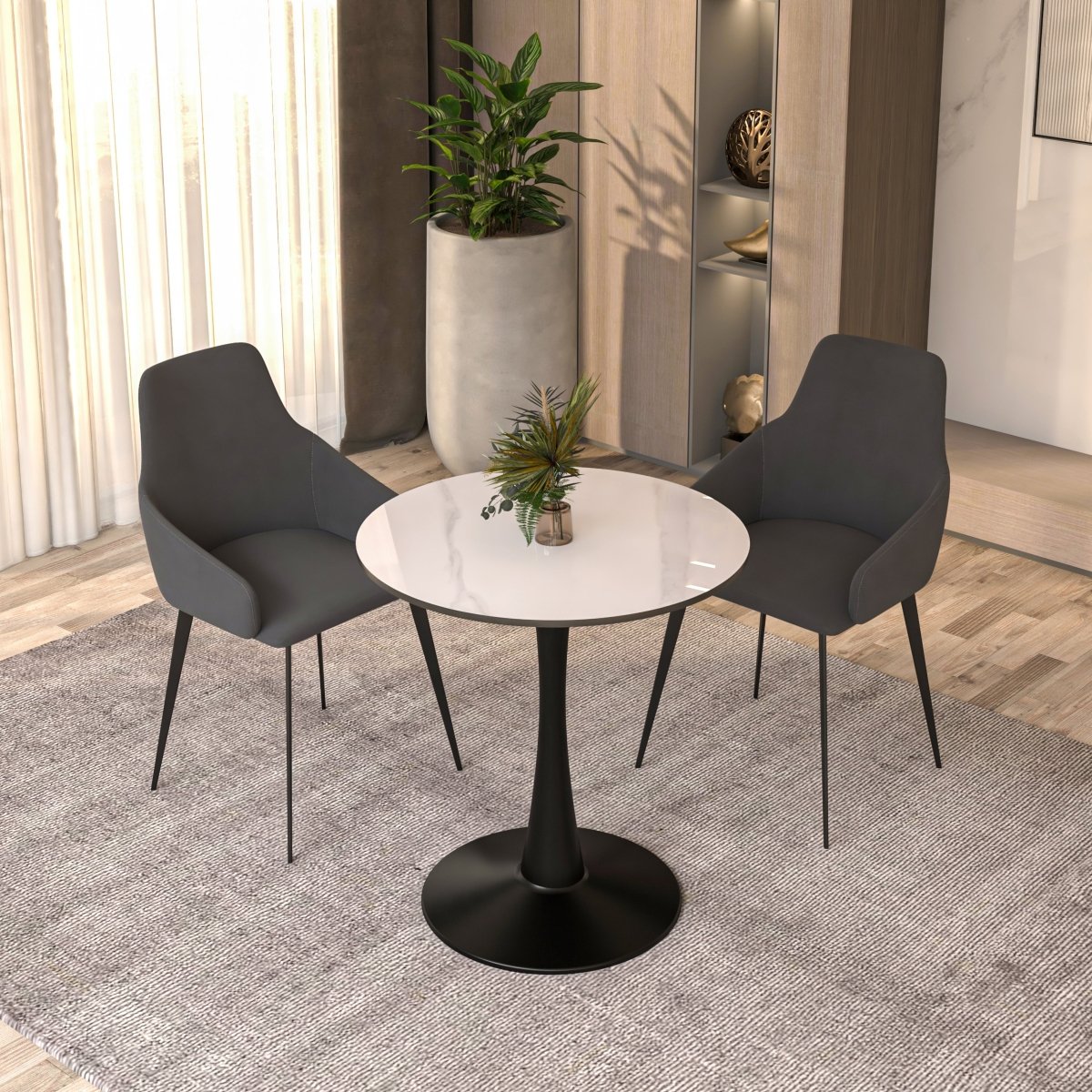 Bristol Round Dining Table with MDF/Sintered Stone/Glass Tabletop in Black Steel Base Sintered Stone 27 Inches White Dining Table Leisuremod