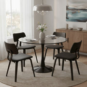 Bristol Round Dining Table with MDF/Sintered Stone/Glass Tabletop in Black Steel Base Glass Clear Dining Table Leisuremod
