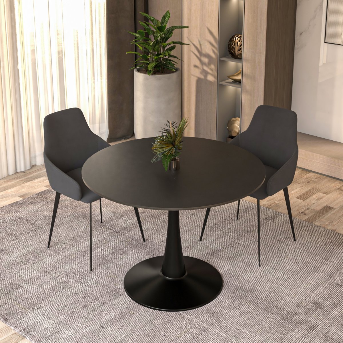 Bristol Round Dining Table with MDF/Sintered Stone/Glass Tabletop in Black Steel Base MDF 40 Inches Black Dining Table Leisuremod