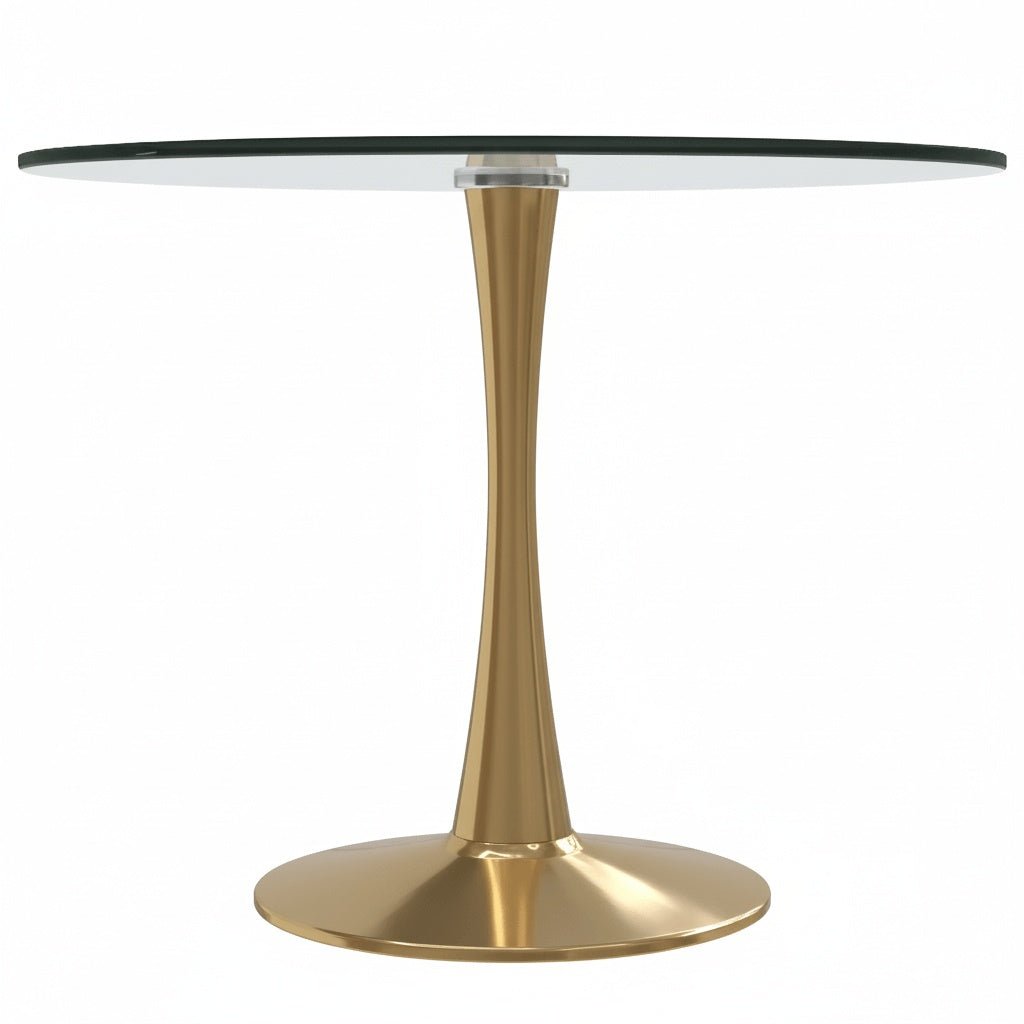 Bristol Round Dining Table with MDF/Sintered Stone/Glass Tabletop in Gold Steel Glass Clear Dining Table Leisuremod