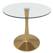 Bristol Round Dining Table with MDF/Sintered Stone/Glass Tabletop in Gold Steel Glass Clear Dining Table Leisuremod
