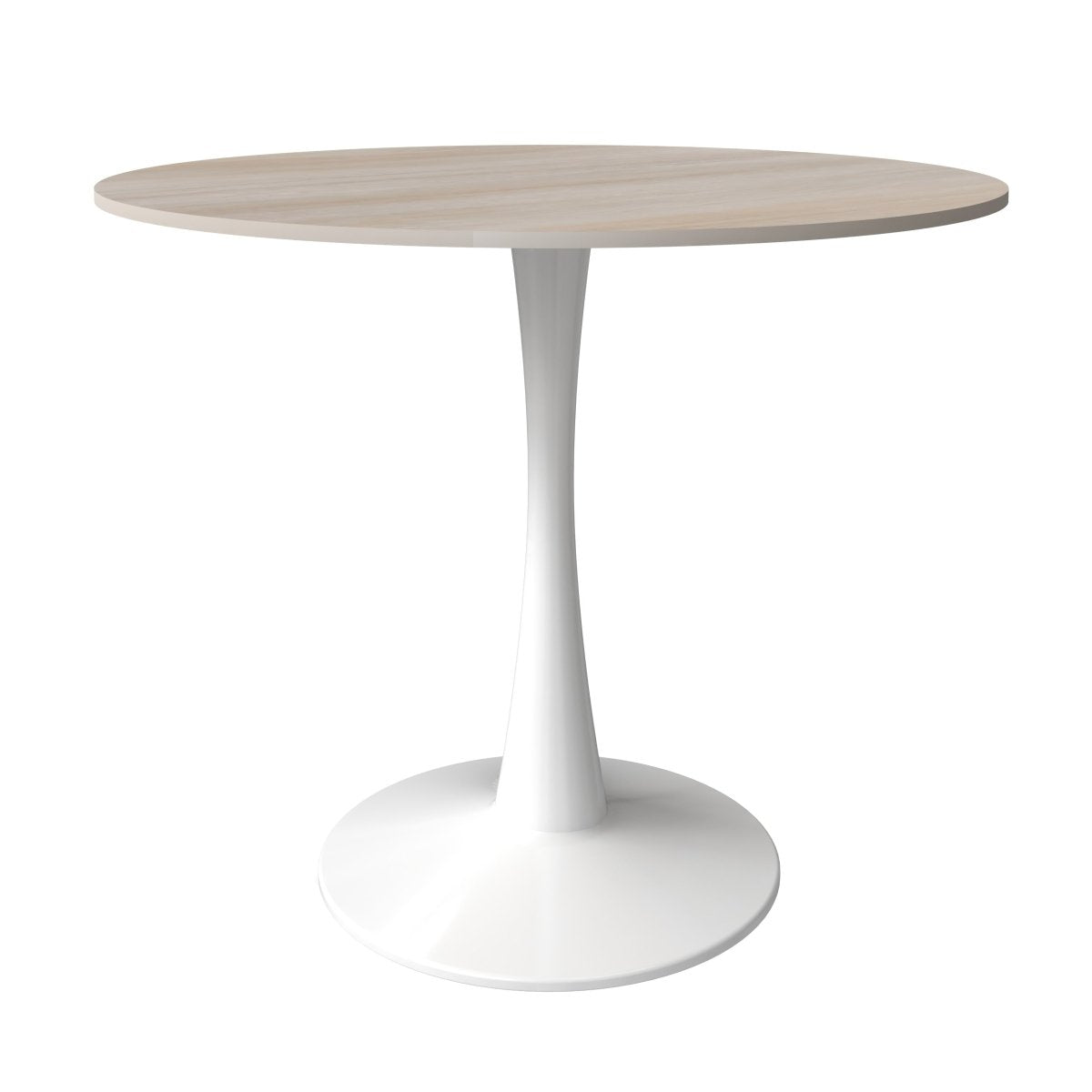 Bristol Round Dining Table with MDF/Sintered Stone/Glass Wood Tabletop in White Steel MDF 35 Inches Natural Wood Dining Table Leisuremod