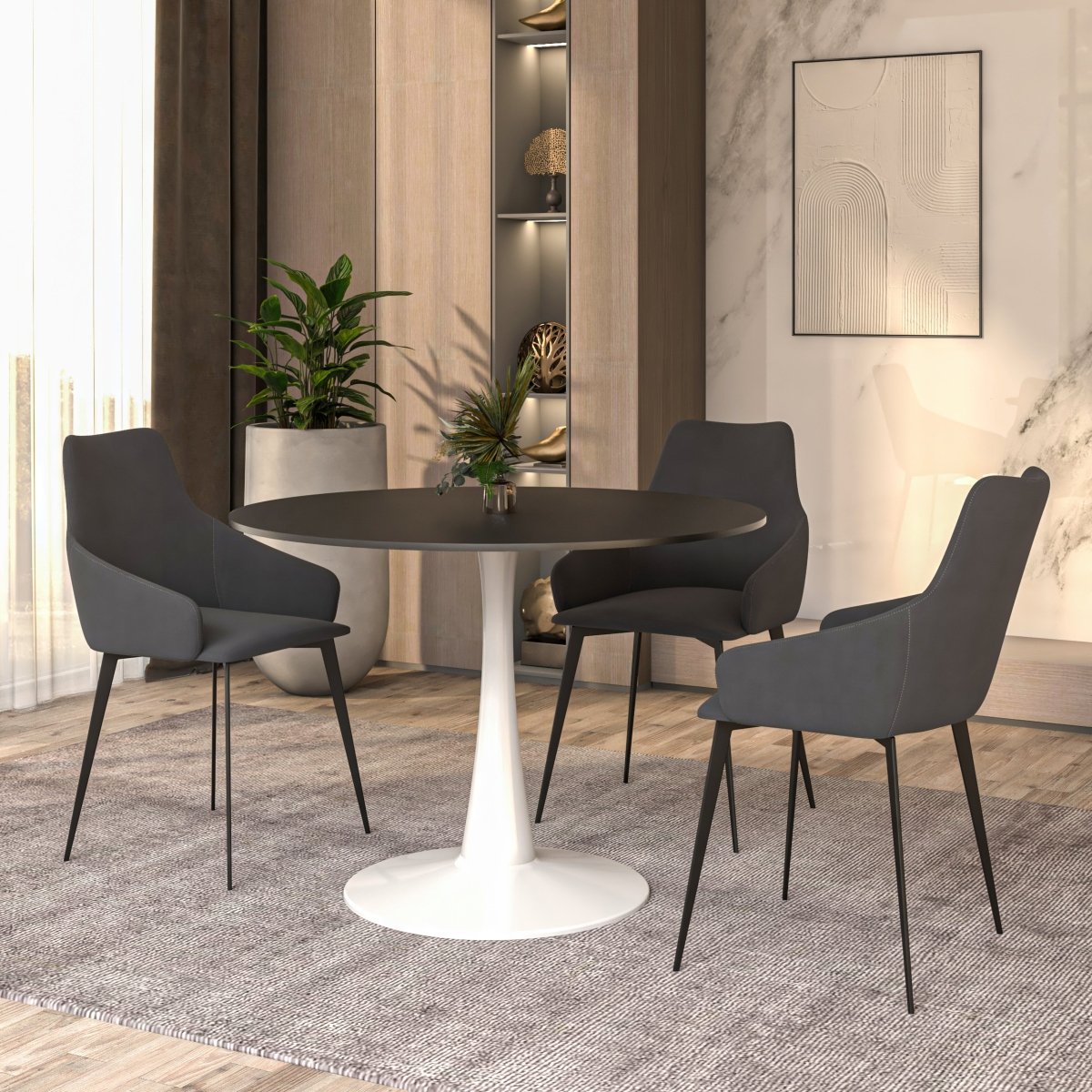 Bristol Round Dining Table with MDF/Sintered Stone/Glass Wood Tabletop in White Steel 40 Inches Black Dining Table Leisuremod