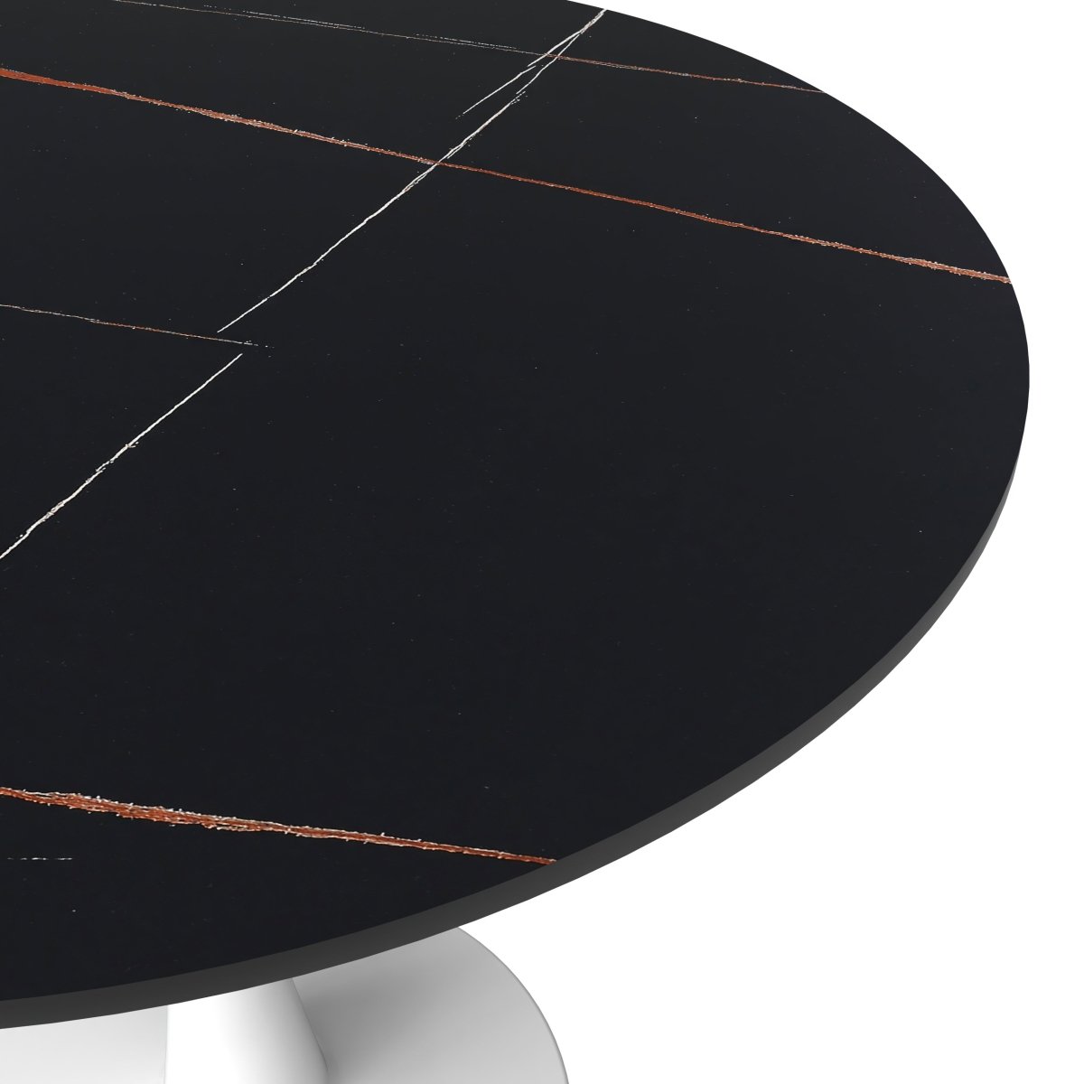 Bristol Round Dining Table with MDF/Sintered Stone/Glass Wood Tabletop in White Steel Sintered Stone 31 Inches Black Dining Table Leisuremod