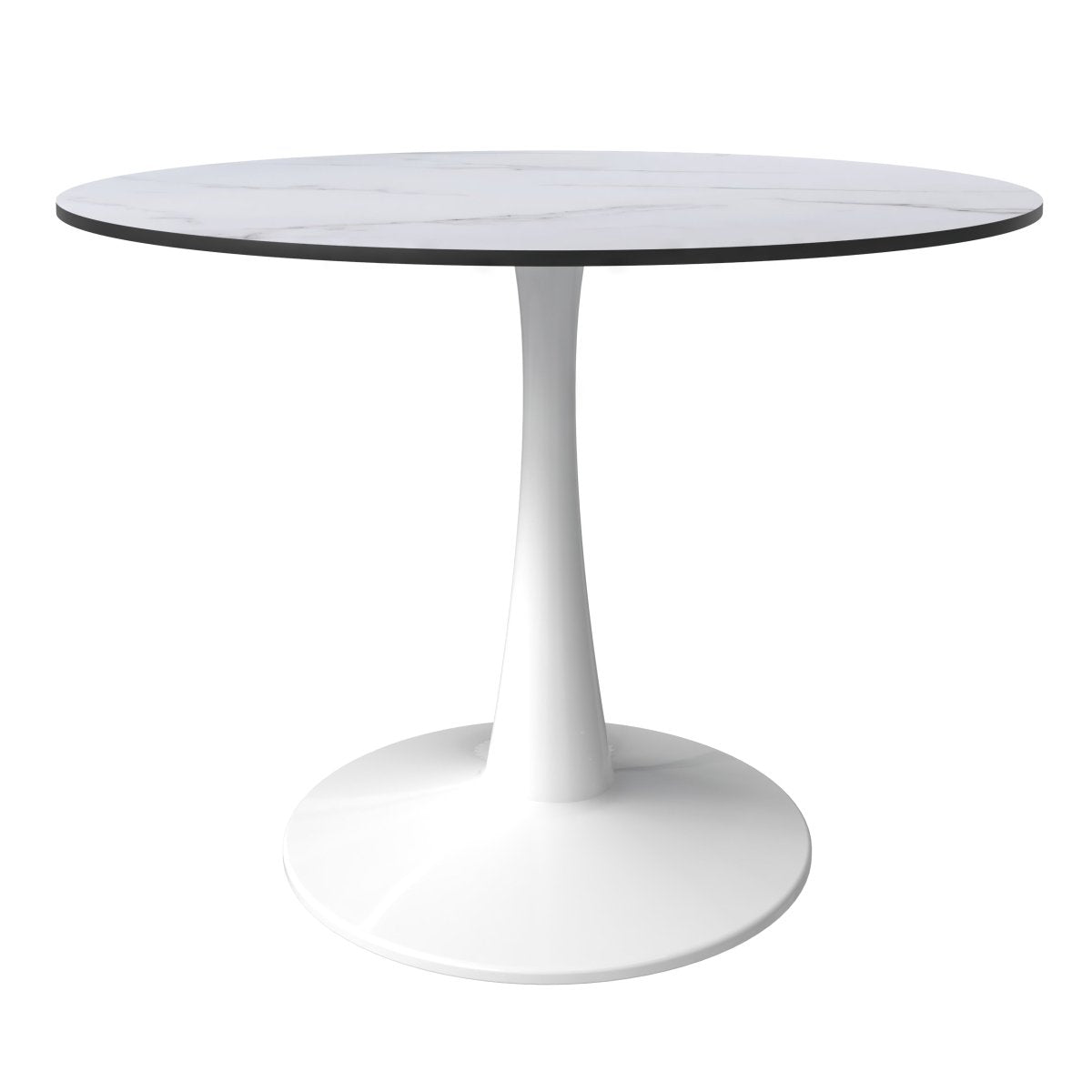 Bristol Round Dining Table with MDF/Sintered Stone/Glass Wood Tabletop in White Steel MDF 40 Inches Marbled White Dining Table Leisuremod