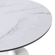 Bristol Round Dining Table with MDF/Sintered Stone/Glass Wood Tabletop in White Steel MDF 35 Inches Marbled White Dining Table Leisuremod