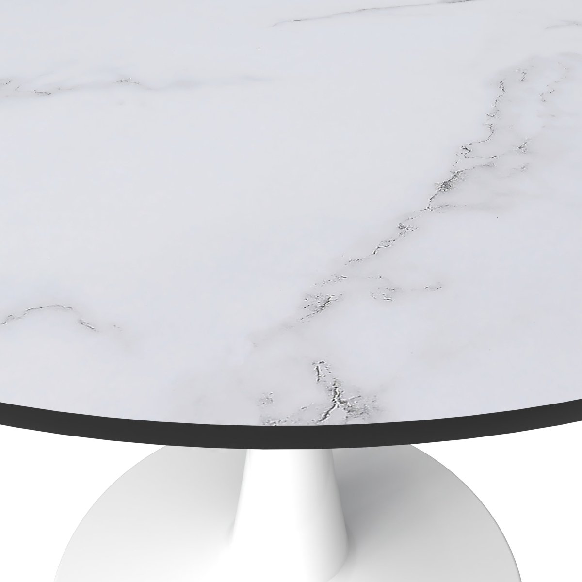 Bristol Round Dining Table with MDF/Sintered Stone/Glass Wood Tabletop in White Steel MDF 40 Inches Marbled White Dining Table Leisuremod