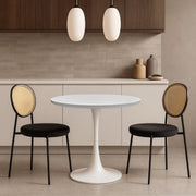 Bristol Round Dining Table with MDF/Sintered Stone/Glass Wood Tabletop in White Steel MDF 36 Inches Light Natural Dining Table Leisuremod