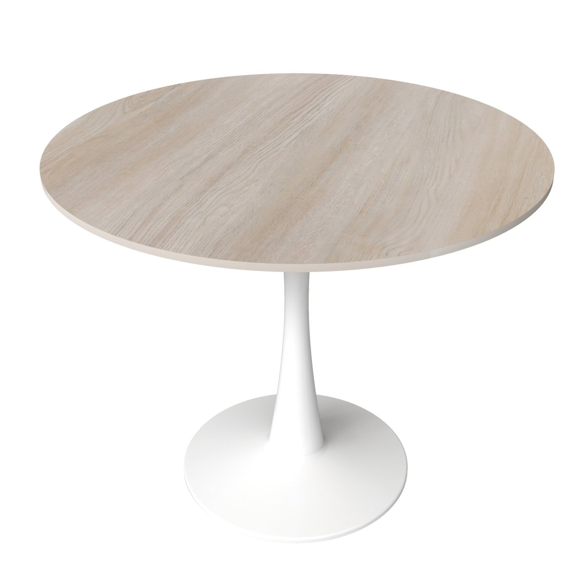 Bristol Round Dining Table with MDF/Sintered Stone/Glass Wood Tabletop in White Steel MDF 35 Inches Natural Wood Dining Table Leisuremod