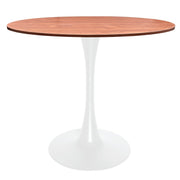 Bristol Round Dining Table with MDF/Sintered Stone/Glass Wood Tabletop in White Steel MDF 36 Inches Cognac Brown Dining Table Leisuremod