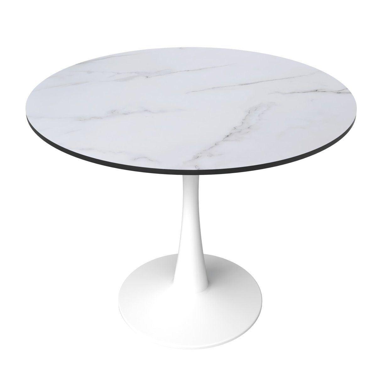 Bristol Round Dining Table with MDF/Sintered Stone/Glass Wood Tabletop in White Steel MDF 35 Inches Marbled White Dining Table Leisuremod