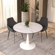 Bristol Round Dining Table with MDF/Sintered Stone/Glass Wood Tabletop in White Steel MDF 40 Inches Marbled White Dining Table Leisuremod