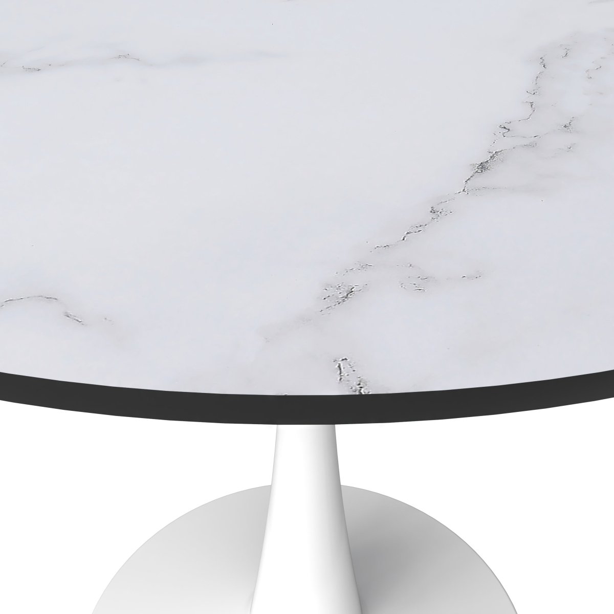 Bristol Round Dining Table with MDF/Sintered Stone/Glass Wood Tabletop in White Steel MDF 31 Inches Marbled White Dining Table Leisuremod