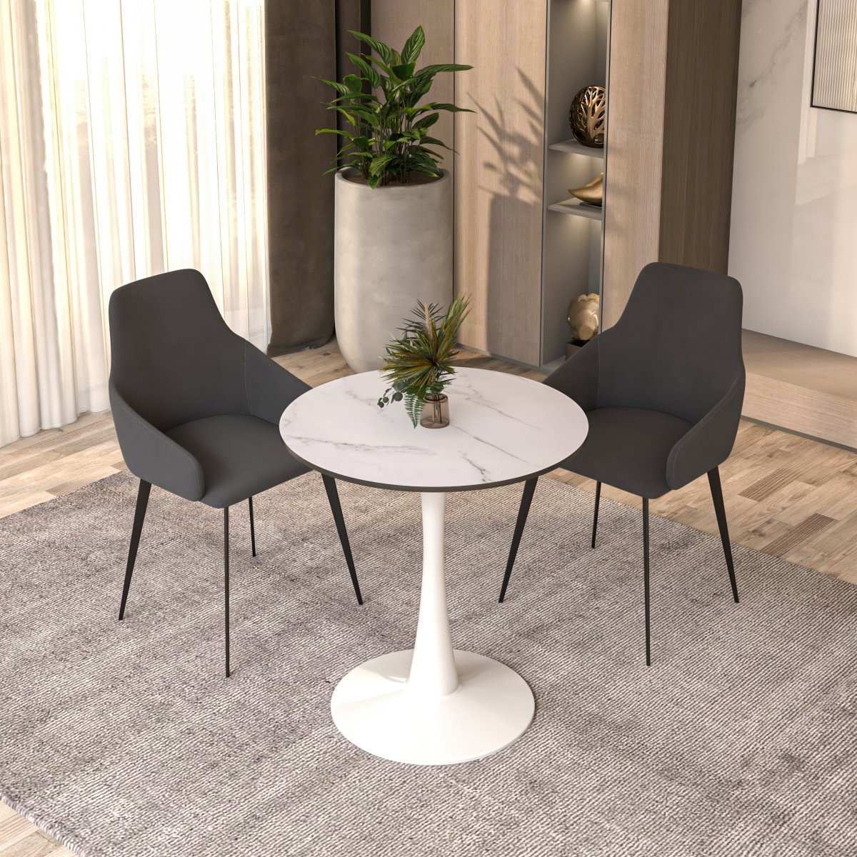 Bristol Round Dining Table with MDF/Sintered Stone/Glass Wood Tabletop in White Steel MDF 24 Inches Marbled White Dining Table Leisuremod