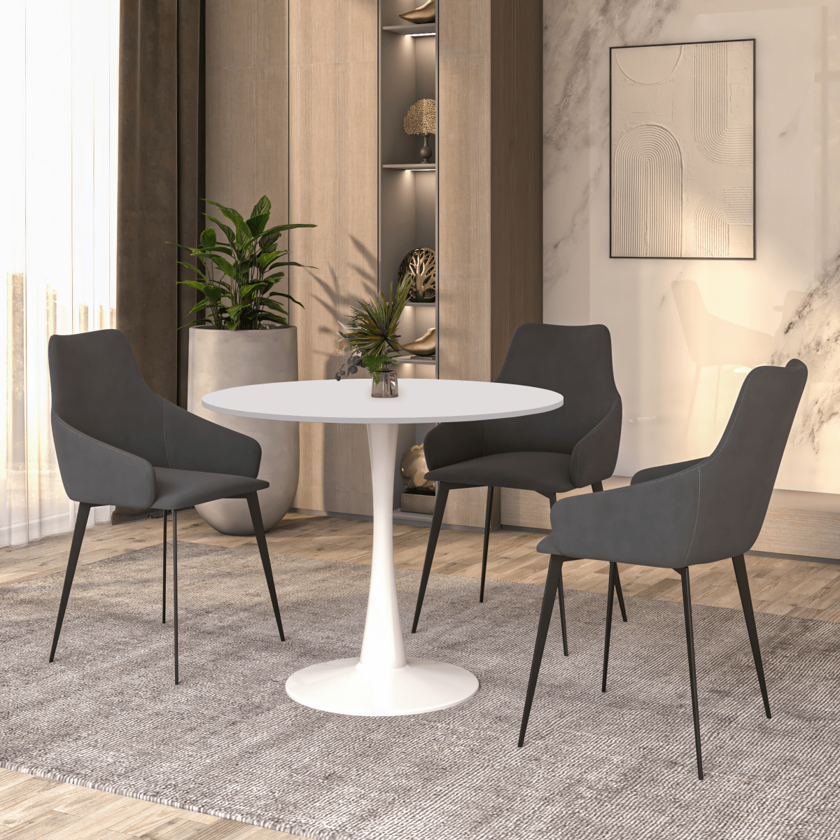 Bristol Round Dining Table with MDF/Sintered Stone/Glass Wood Tabletop in White Steel MDF White Dining Table Leisuremod