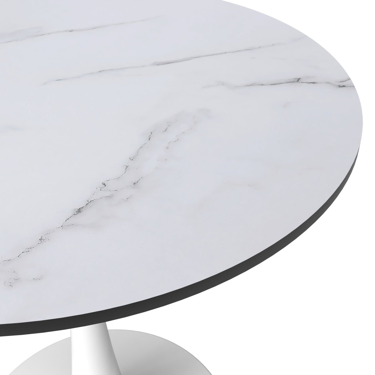 Bristol Round Dining Table with MDF/Sintered Stone/Glass Wood Tabletop in White Steel MDF 24 Inches Marbled White Dining Table Leisuremod