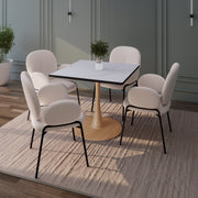 Bristol Square Dining Table with Marble White MDF Top and Steel Pedestal Base 27" Wide Natural Wood Dining Table LeisureMod