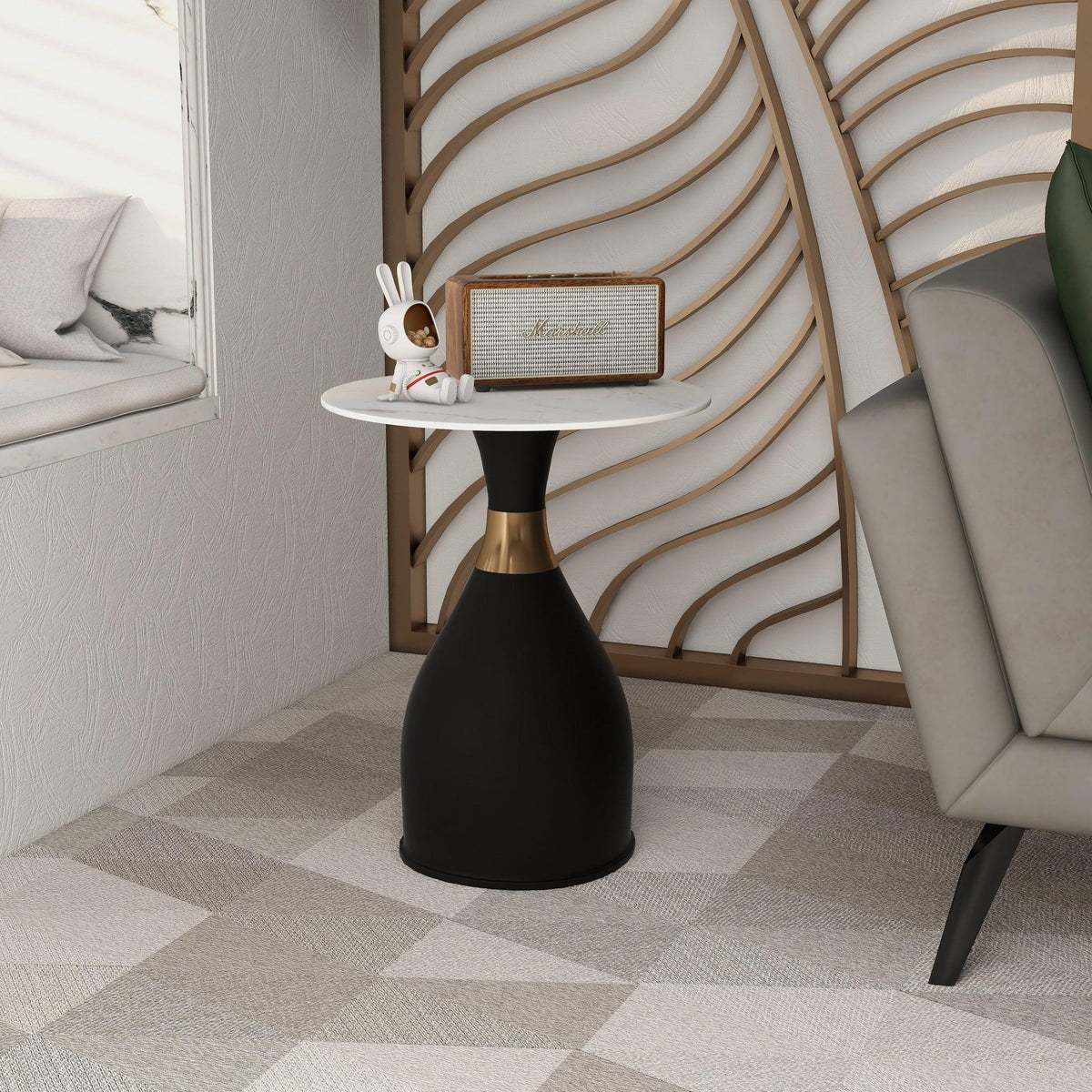 Bento Sintered Stone Top Side Table Round Accent Table Indoor Nightstand with Stainless Steel - Elax Furniture